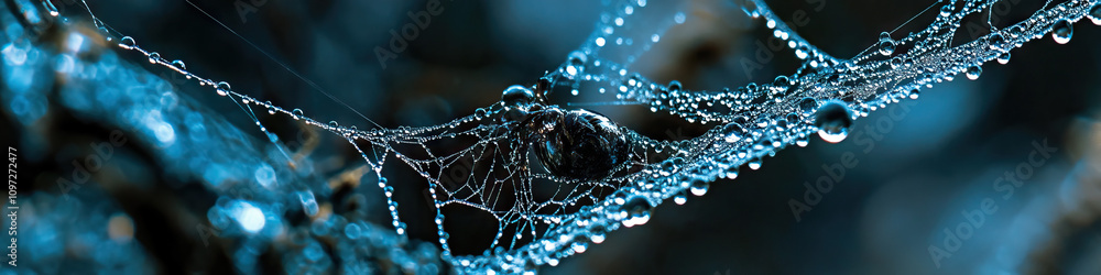 Poster ink webs: a close-up of a spider's intricate web, gently swaying in the breeze, adorned with tiny de