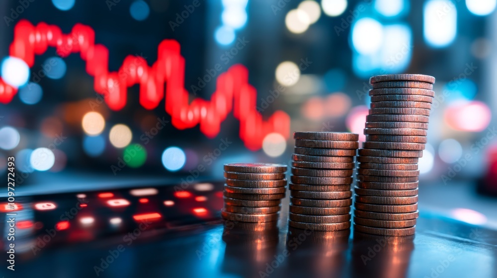 Poster a stack of coins rising against a backdrop of a red stock market graph falling in the background.