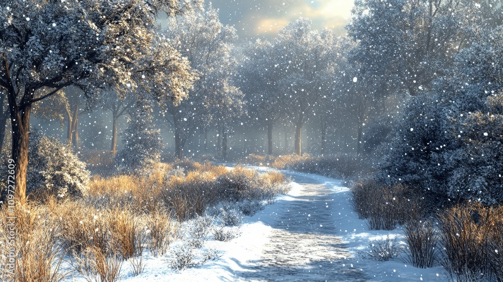 Poster a snowy path winds through a winter forest, sunlight filtering through the bare trees, creating a ma