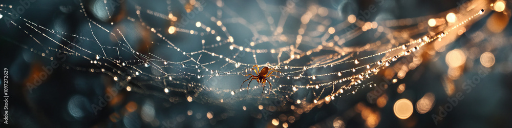 Poster ink webs: a close-up of a spider's intricate web, gently swaying in the breeze, adorned with tiny de