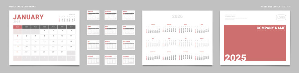 Set of 2025 Pages Monthly Calendar Planner Templates, Cover with Place for Photo, Company Logo, annual. Design of Vector Calendar Pages size Letter -8.5x11 in ready on print. Week start on Sunday