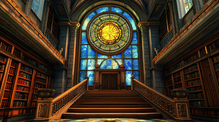 Obraz premium Majestic stained glass window and grand staircase create an atmosphere of knowledge and history in a library