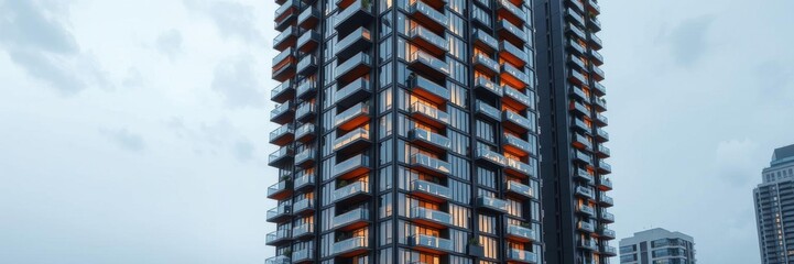 Modern high-rise apartment building with sleek glass facade and balcony railings, luxurious, urban
