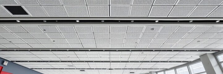 Modern office building with suspended ceiling grid being installed, showcasing sleek design and contemporary architecture, grid, suspended ceiling