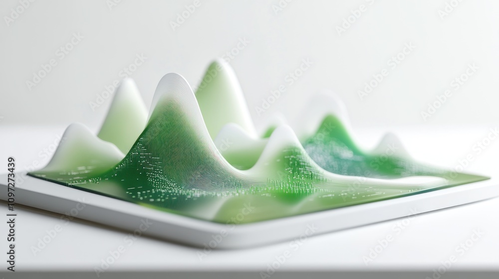 Poster A 3D representation of data visualized as green mountain-like peaks on a sleek surface.