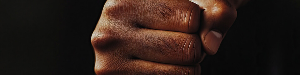 A man's hand clenched into a fist, resting on his lap, as if concealing inner turmoil.