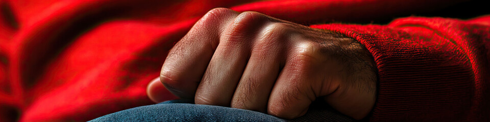 A man's hand clenched into a fist, resting on his lap, as if concealing inner turmoil.