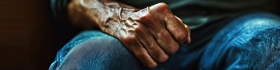Naklejka premium A man's hand clenched into a fist, resting on his lap, as if concealing inner turmoil.