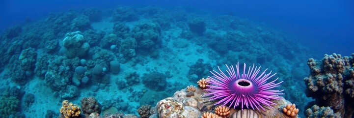 Obraz premium Purple sea urchin on rocky reef in Channel Islands, California, underwater, sea creatures