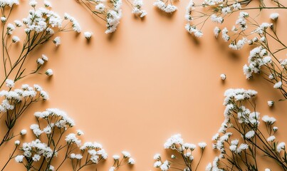 Flat lay of delicate white flowers forming a frame on a peach background, leaving a blank space in the center.