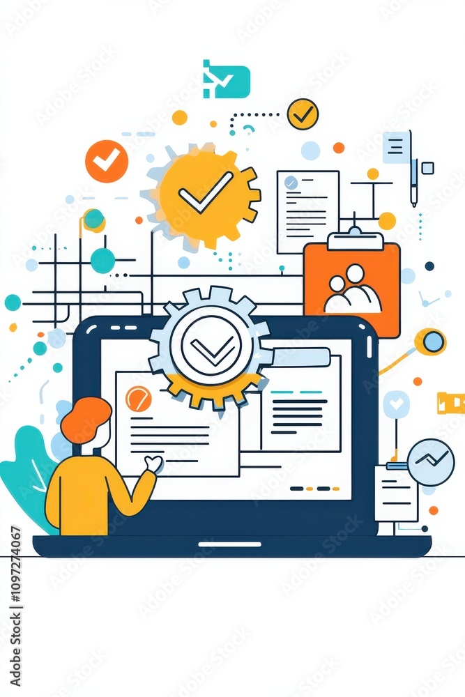 Poster person interacting with digital system displaying quality assurance symbols