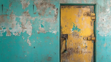 Old, yellow metal door with blue, distressed, chipped paint wall