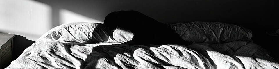 A dark figure looming over a bed, casting an oppressive shadow across the sheets.