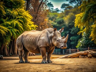 Fototapeta premium Minimalist Rhino Zoo Photography: Wildlife Enclosure, Grey Rhino, Tree Background, Simple Nature Image