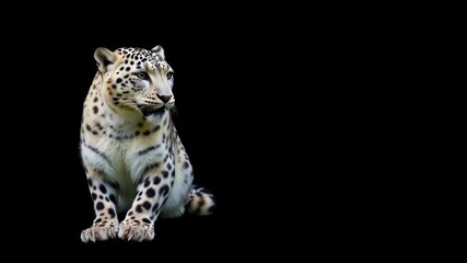 Obraz premium Snow leopard standing alone in a majestic pose on a dark black background, snow leopard, predator
