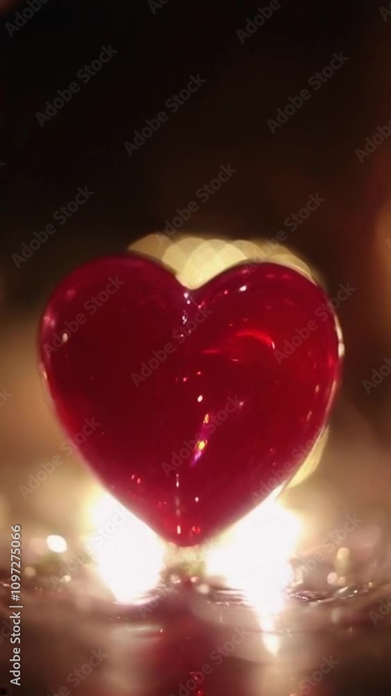 Poster close-up of a glowing red heart-shaped object on a reflective surface.