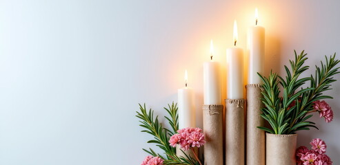 Lit candles with flowers against white background