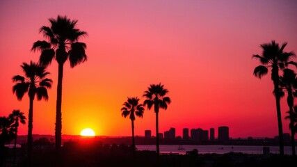 Vibrant orange and pink sunset casting a warm glow over San Diego skyline, with palm trees silhouetted in the foreground, dusk, orange