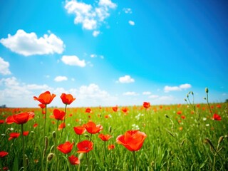 Vibrant red poppy field set against a clear blue sky dotted with fluffy white clouds, flowers, serene