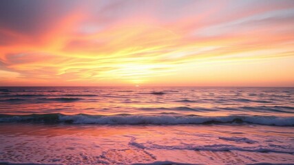 Obraz premium Vibrant sunrise over a tranquil beach with colorful sky and calm waters, colorful, dawn
