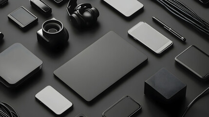 Flat lay of black tech gadgets and accessories on dark background.