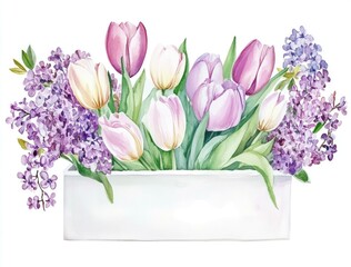 Vibrant bouquet of tulips and lilacs in a white planter, showcasing soft pink, purple, and white flowers, perfect for spring decor and floral arrangements.