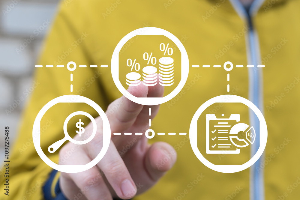 Poster man using virtual touchscreen clicks icon symbolizing concept: ratio. financial ratios analysis busi
