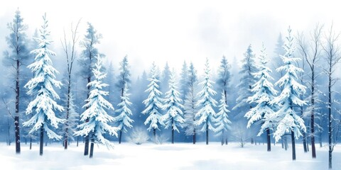 Fototapeta premium Watercolor painting of a serene winter landscape with snow-covered trees, abstract, minimalist