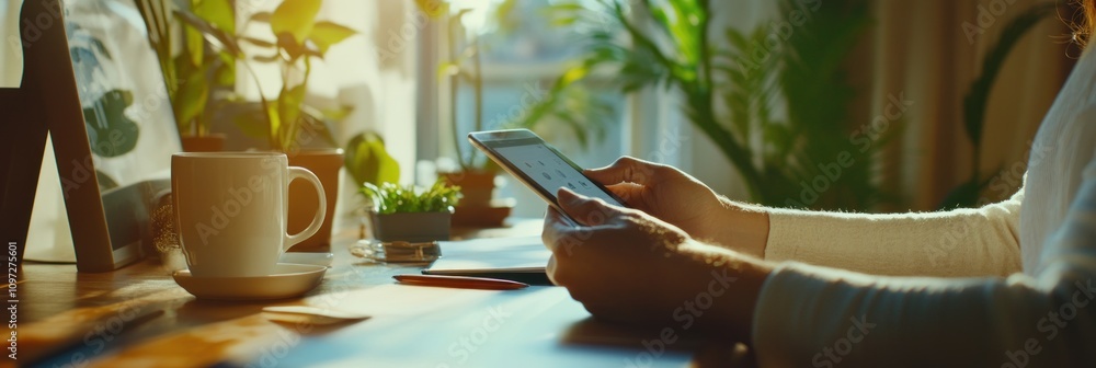 Aufkleber close-up of a woman's hands using a tablet with a cup of coffee and plants in the background.