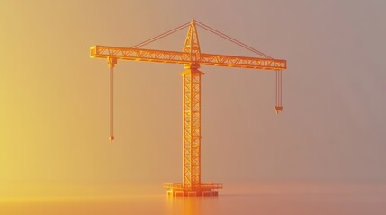 A yellow construction crane silhouetted against a warm sunrise.