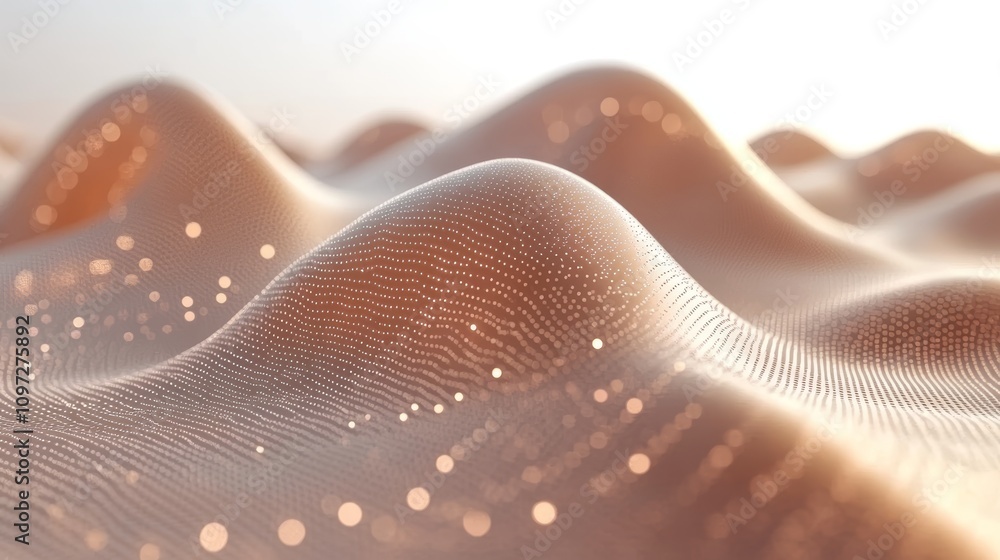 Poster abstract 3d render of a soft, flowing, textured surface with glowing particles.
