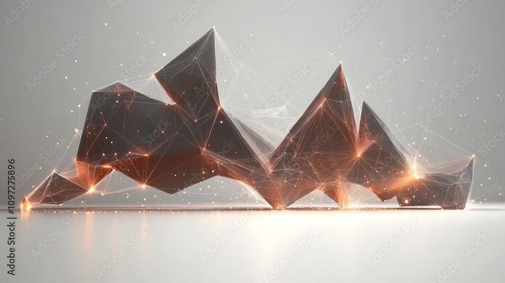 Poster abstract 3d polygonal structure with glowing lines and points, isolated on a white background.