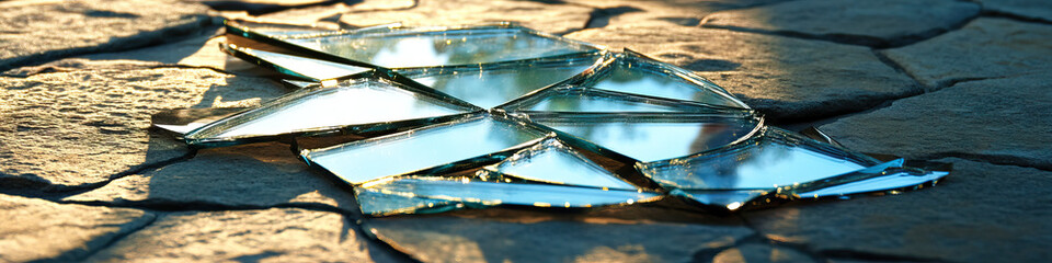 Broken Mirror Reflections: A shattered mirror on a stone floor, reflecting fragmented images of a person.