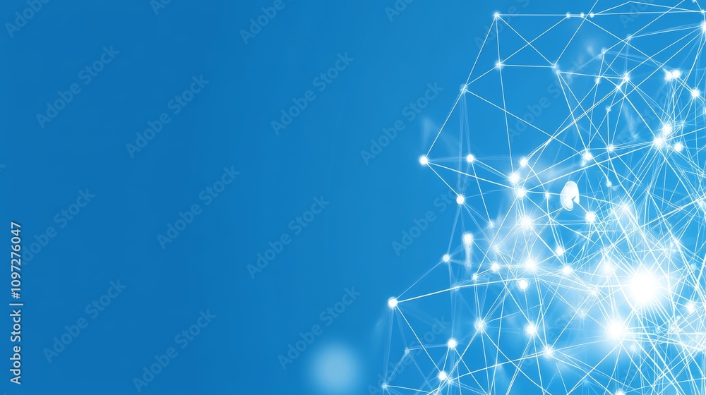 Poster abstract blue background with glowing white lines and dots forming a network or connection.