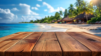 Wooden Plank Tabletop with Blurred Beach Background