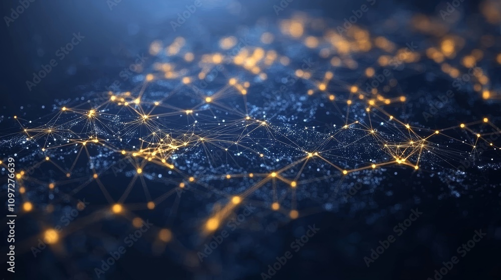 Poster abstract digital network with glowing nodes and lines on a blue background.