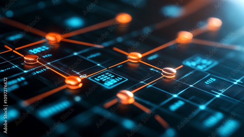Poster abstract digital network with glowing nodes and lines, representing connections, data flow, or techn