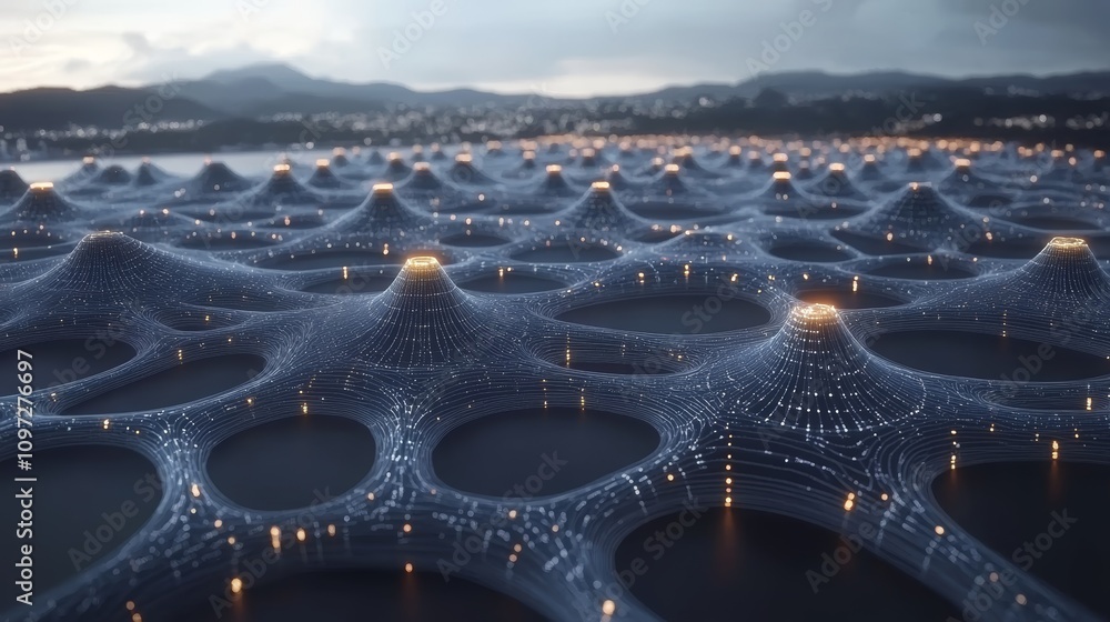Poster abstract futuristic city skyline with glowing lights and a network of connected points.