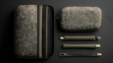 Flat lay of elegant dark brown leather pouches and straps on black background.