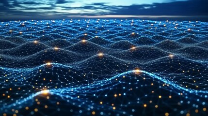 Abstract digital landscape with glowing points and a blue and black color scheme.