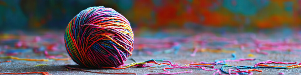 A ball of colorful yarn, unspooling onto a dirty floor, with twists and tangles everywhere.