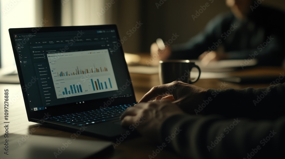 Poster A man's hands typing on a laptop with a graph displayed on the screen, while another person is blurred in the background.