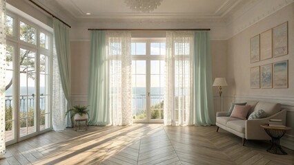 Fototapeta premium The light airy drapes filter sunlight creating dappled patterns on the wooden floor while a muted color palette fosters a serene ambiance perfect for unwinding and escaping the