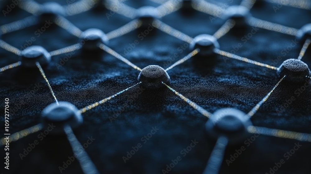 Poster abstract network of interconnected spheres representing data flow, communication, or technology.