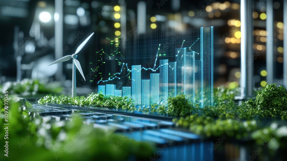 Poster a miniature wind turbine sits in a field of grass, with a holographic graph showing upward growth.