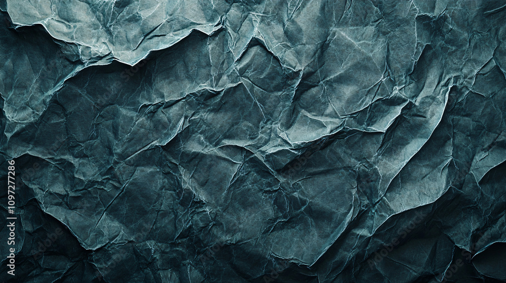 Poster close-up of a crumpled dark teal paper, forming a textured and abstract background