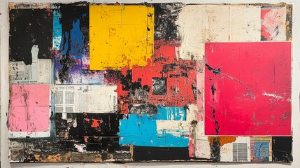 Abstract painting with bright colors and textures, collage elements and layered paint.