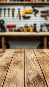 Equipment workshop background concept. A blurred workshop background reveals a wooden table, showcasing tools and equipment, perfect for DIY projects and craftsmanship.