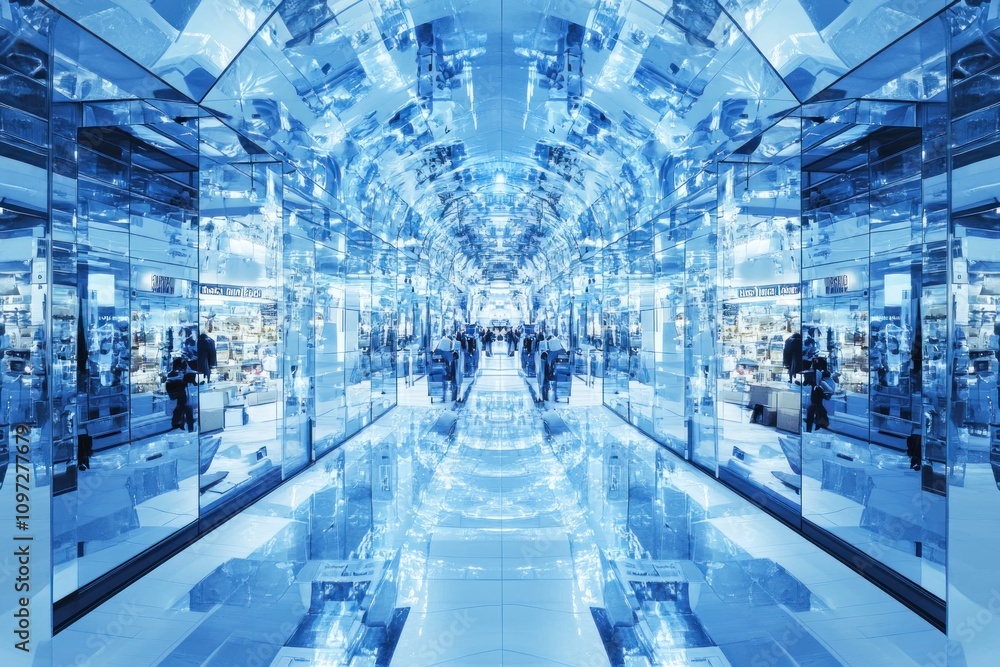 Poster a mirrored hallway with a blue tint, creating an optical illusion of endless depth.
