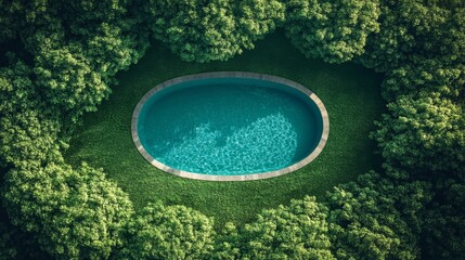 An aerial view of an oval shaped swimming pool nestled within a green forest.